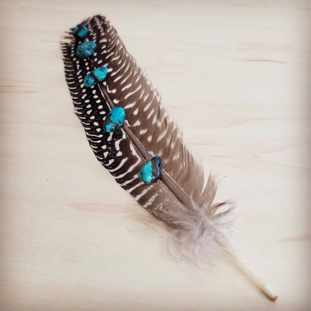 The Jewelry Junkie Spotted Turkey Feather Hat Accent – Western Boho Turquoise Hat Accessory | Boho Boutique Clothing