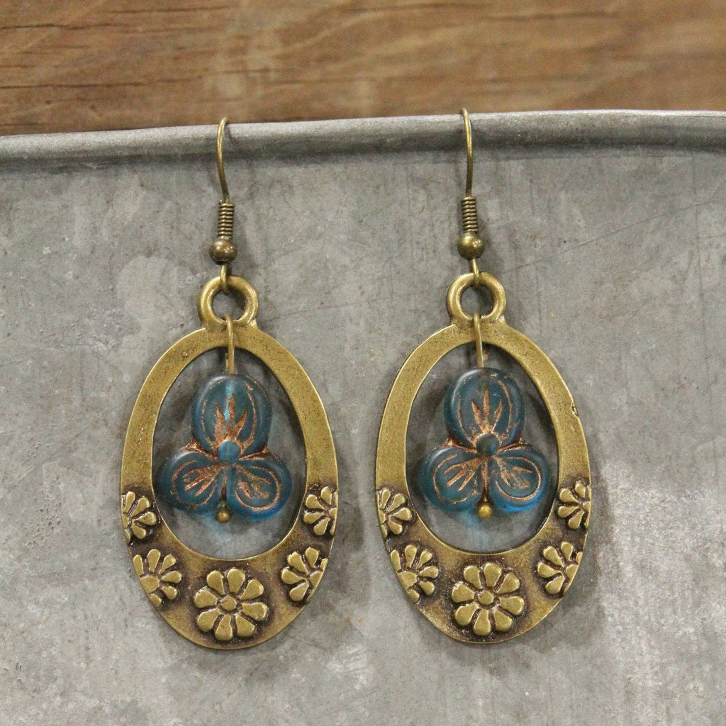 Groovy Flower Power Czech Blue Hoop Earrings-Boho Boutique Earrings