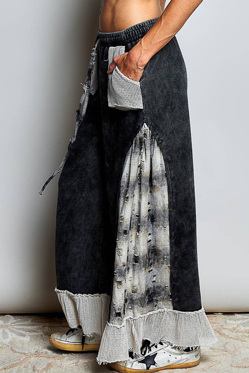 POL Patchwork Tie‑Dye Wide‑Leg Pants – Black Boho Drawstring Bottoms | Boho Boutique Clothing