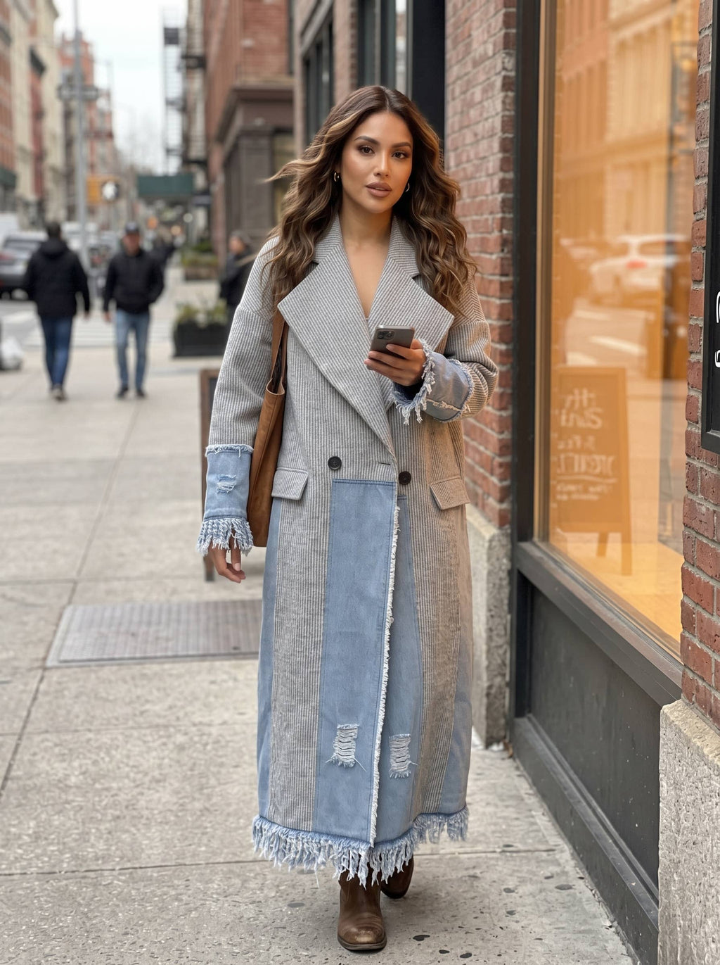 Athina Collection Denim‑Trim Coat – Gray Boho Longline Frayed Jacket | Boho Boutique Clothing