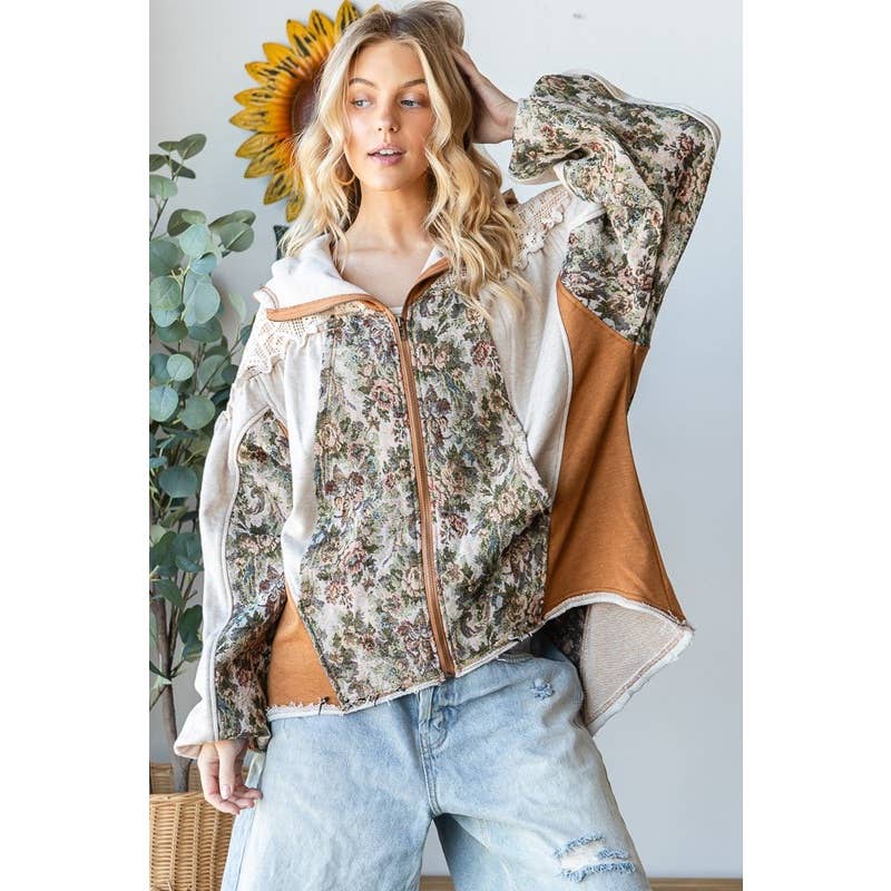 Oli & Hali Floral Patchwork Hooded Jacket – Beige Boho Button‑Up Shacket | Boho Boutique Clothing