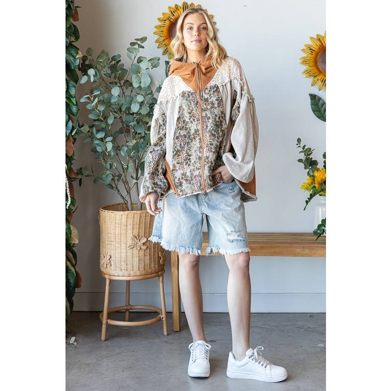 Oli & Hali Floral Patchwork Hooded Jacket – Beige Boho Button‑Up Shacket | Boho Boutique Clothing