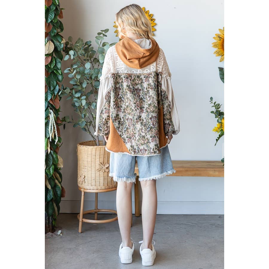 Oli & Hali Floral Patchwork Hooded Jacket – Beige Boho Button‑Up Shacket | Boho Boutique Clothing