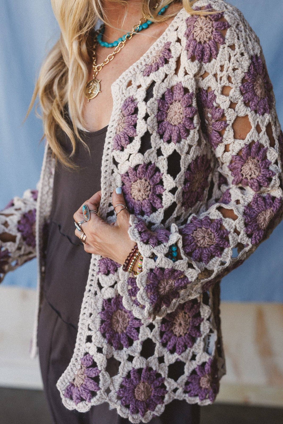 Three Bird Nest Floral Crochet Cardigan – Purple & Cream Artisan Boho Layering Piece | Boho Boutique Clothing