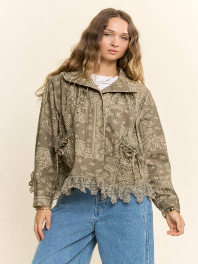 Davi & Dani Frayed Hem Pattern Jacket – Taupe Textured Boho Shacket | Boho Boutique Clothing