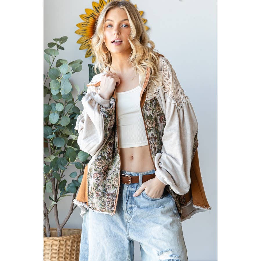 Oli & Hali Floral Patchwork Hooded Jacket – Beige Boho Button‑Up Shacket | Boho Boutique Clothing