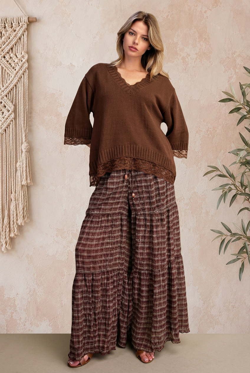 Easel Lace‑Trim V‑Neck Sweater – Red or Espresso Boho 3/4 Sleeve Top | Boho Boutique Clothing
