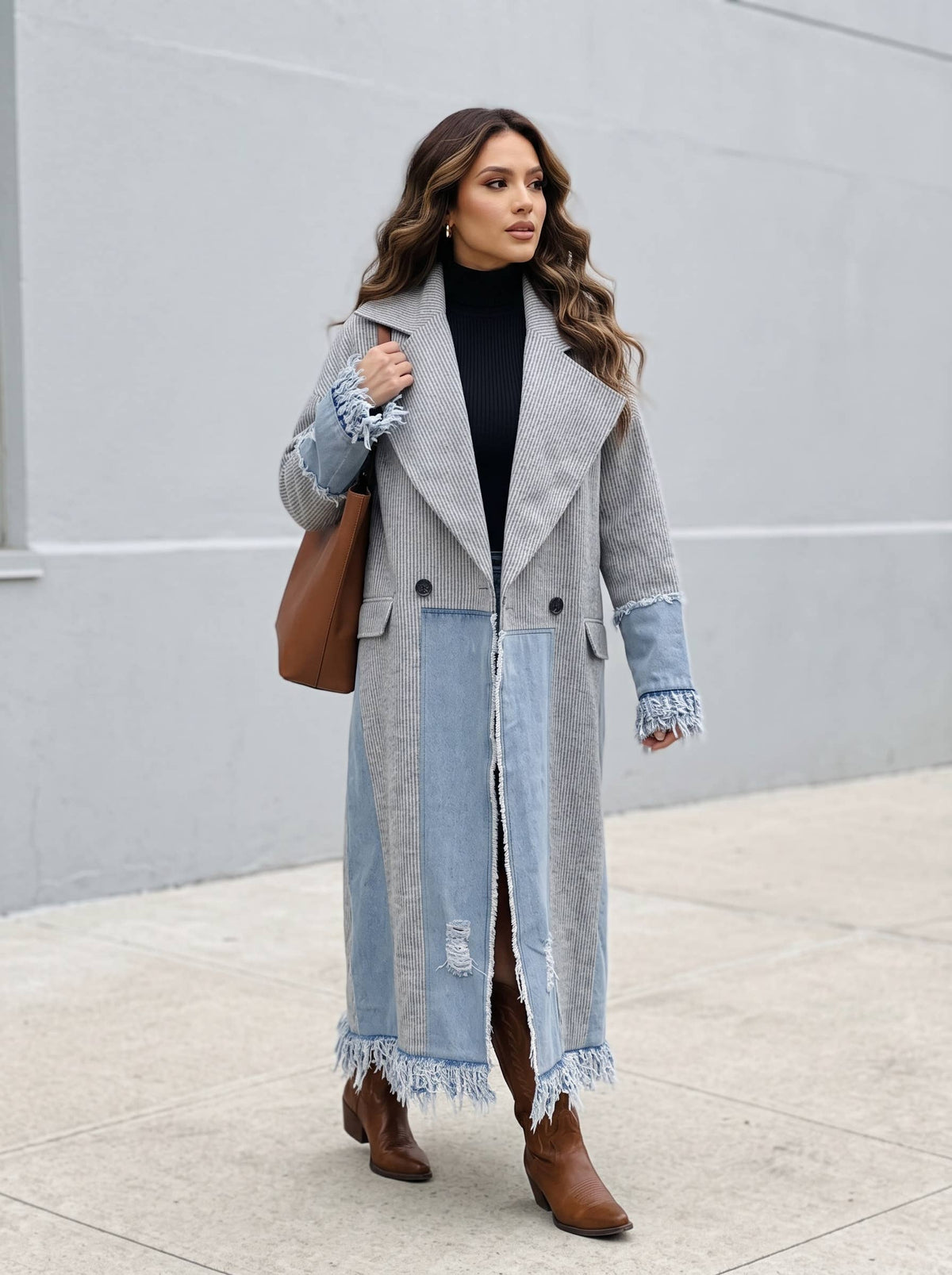 Athina Collection Denim‑Trim Coat – Gray Boho Longline Frayed Jacket | Boho Boutique Clothing