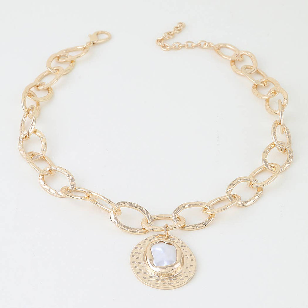 Hammered Pearl Disc Chain Necklace: GCR