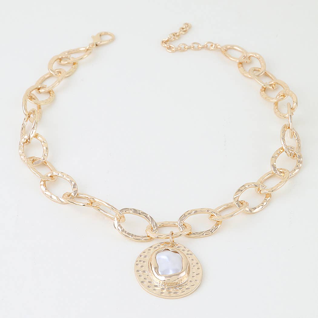 Hammered Pearl Disc Chain Necklace: GCR