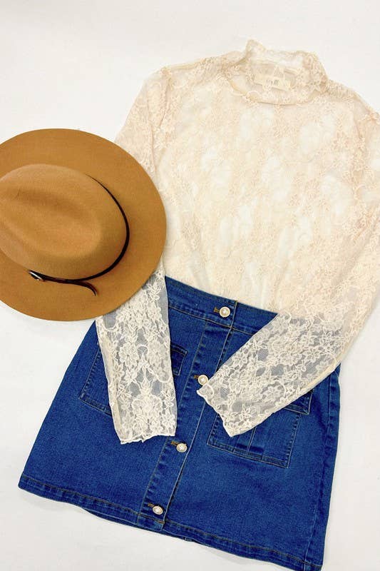 Jade by Jane Sheer Floral Lace Top – High‑Neck Vintage Cream Blouse | Boho Boutique Clothing