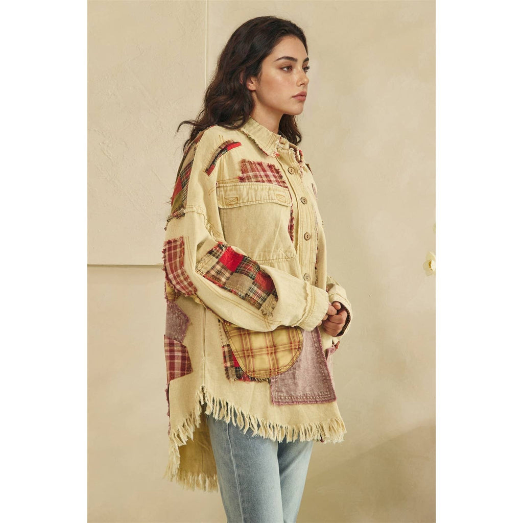 Oli & Hali Patchwork Button‑Up Shacket – Beige Rustic Boho Jacket | Boho Boutique Clothing