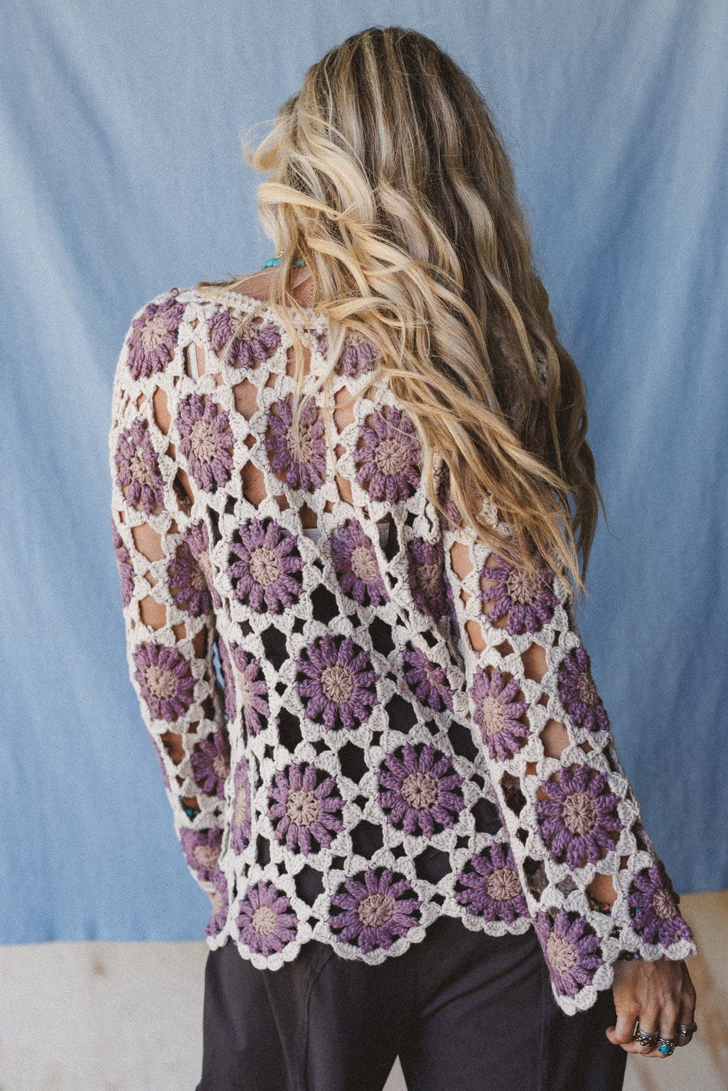 Three Bird Nest Floral Crochet Cardigan – Purple & Cream Artisan Boho Layering Piece | Boho Boutique Clothing