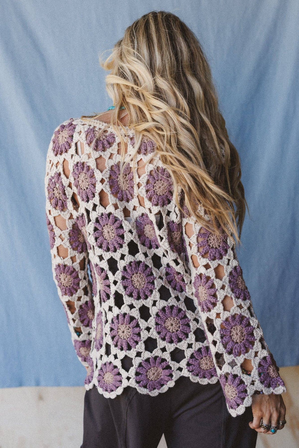 Three Bird Nest Floral Crochet Cardigan – Purple & Cream Artisan Boho Layering Piece | Boho Boutique Clothing