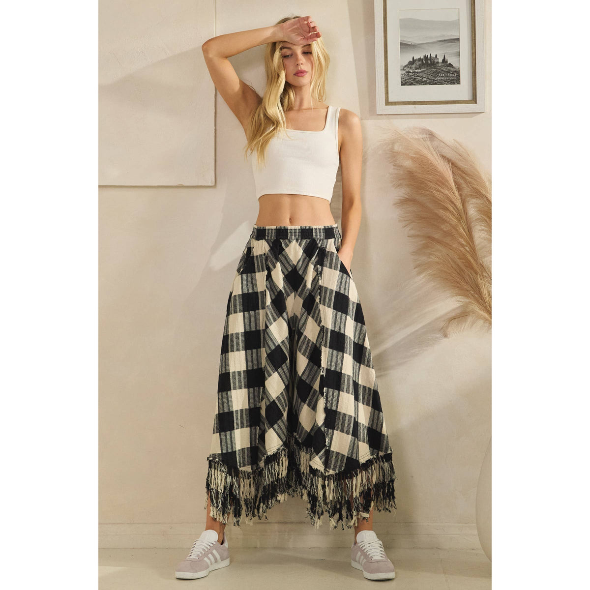Oli&Hali - WASHED CHECKERED PANTS WITH FRAYED HEM