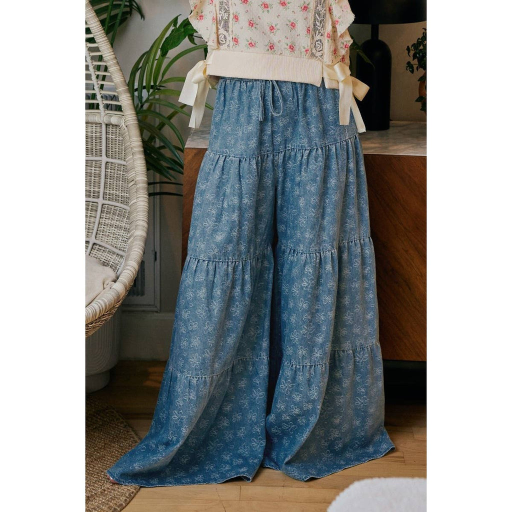 FLORAL TIERED FLARE DENIM PANTS: DENIM