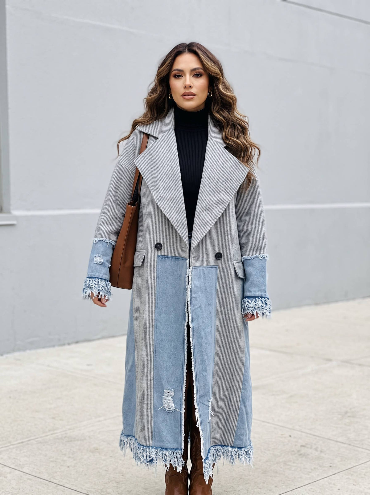 Athina Collection Denim‑Trim Coat – Gray Boho Longline Frayed Jacket | Boho Boutique Clothing