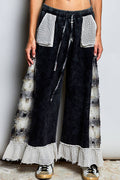 POL Patchwork Tie‑Dye Wide‑Leg Pants – Black Boho Drawstring Bottoms | Boho Boutique Clothing
