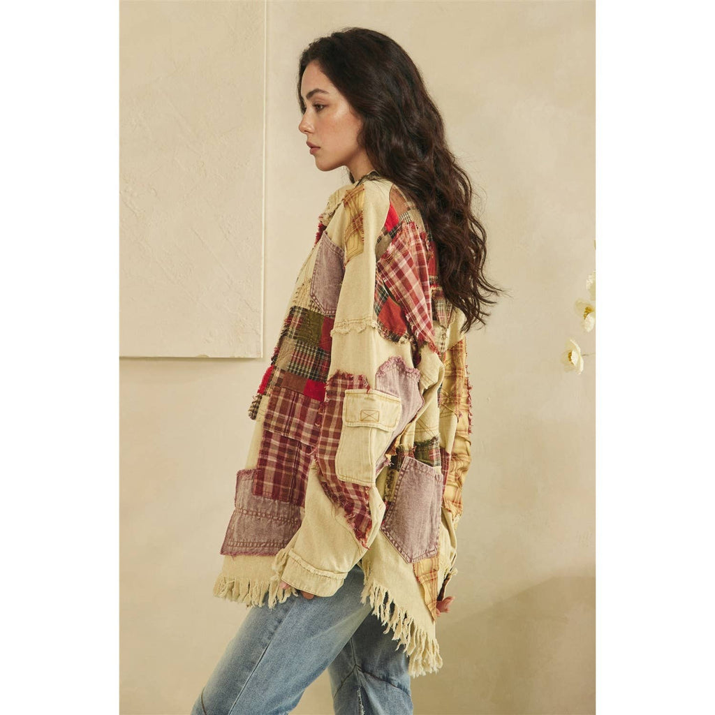 Oli & Hali Patchwork Button‑Up Shacket – Beige Rustic Boho Jacket | Boho Boutique Clothing