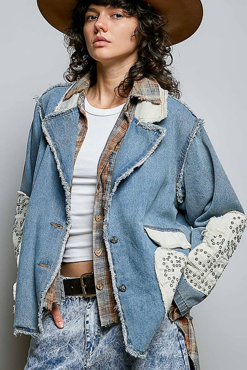 POL Corduroy Patch Vintage‑Washed Jam Stud Floral Jacket