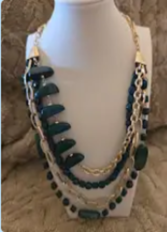 Vintage Gold Tone Green Beaded Multi-Layered Necklace