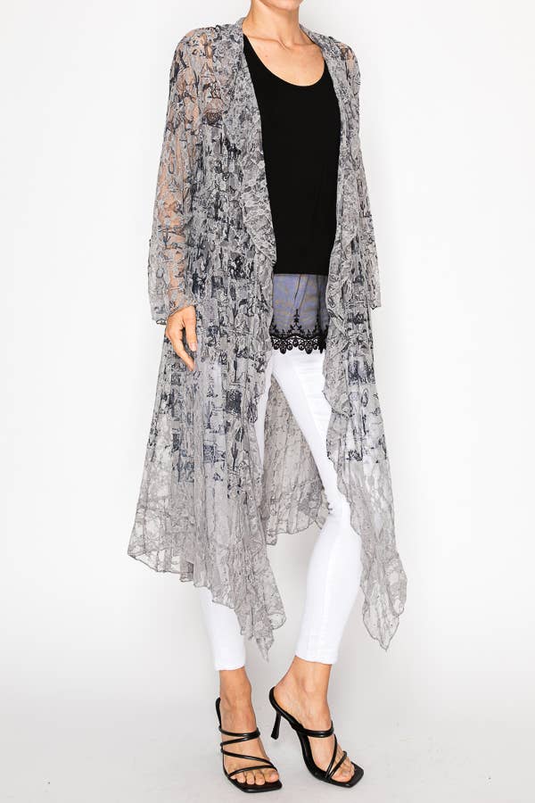 Origami Sheer Lace‑Pattern Duster – Silver with Sparkles Boho Layering Piece | Boho Boutique Clothing