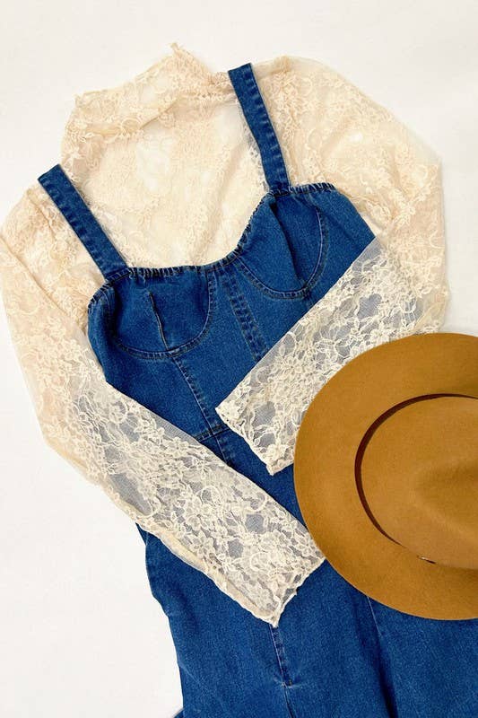 Jade by Jane Sheer Floral Lace Top – High‑Neck Vintage Cream Blouse | Boho Boutique Clothing