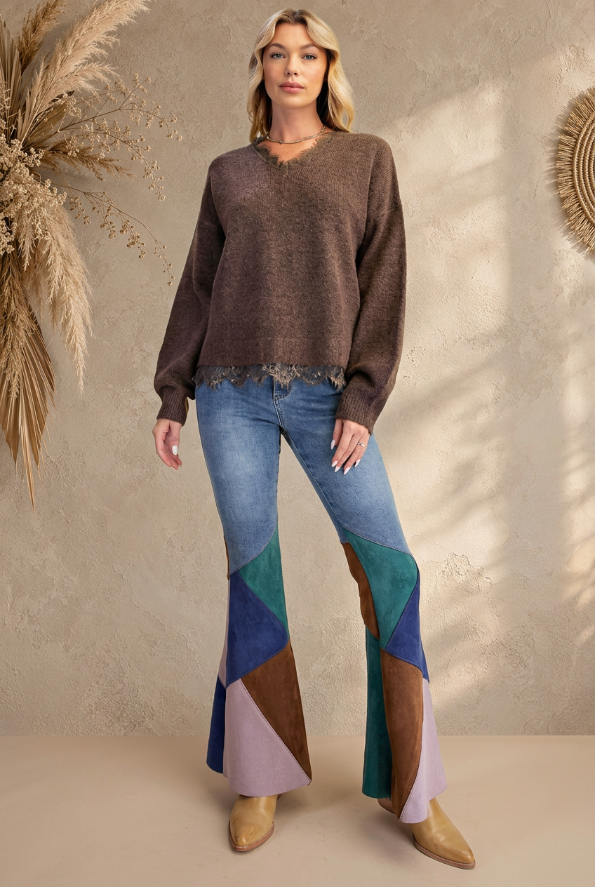 Full-length outfit preview with sunlit beige backdrop