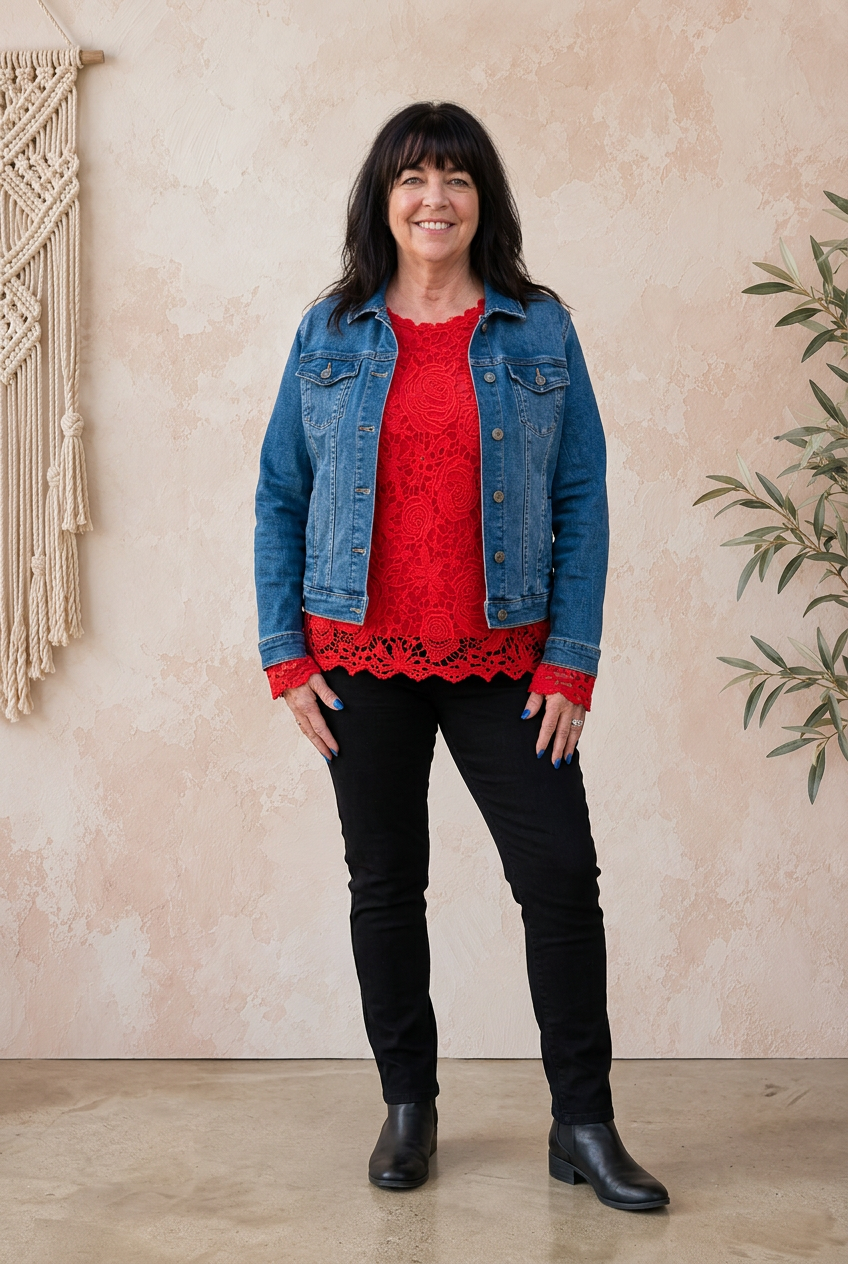 Lisa wearing the red lace top, black jeans, black boots, and an open denim jacket
