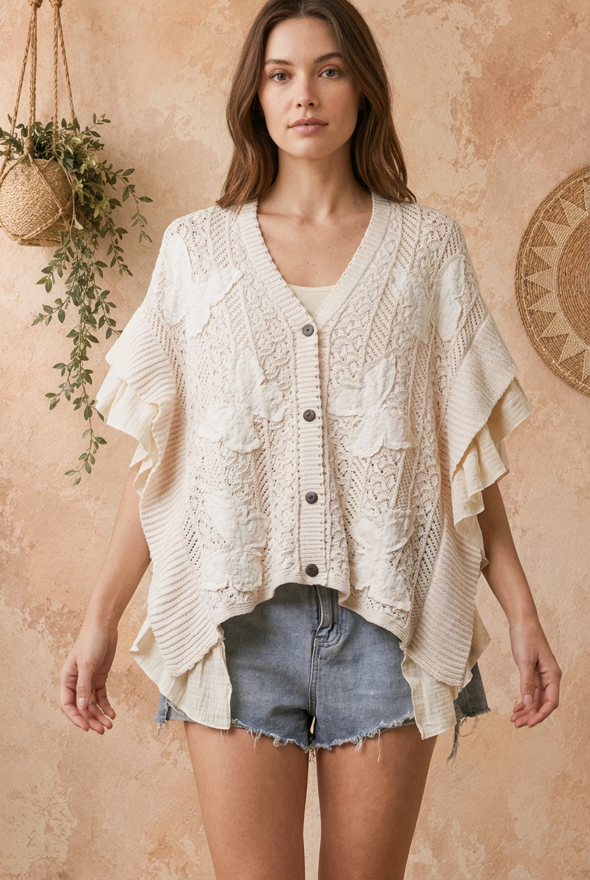 Model wearing the cream crochet top