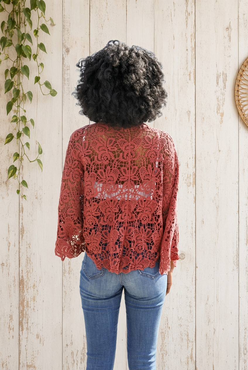 Leto Crochet Floral Kimono - Sheer Tie-Front Boho Layer – Owl Meets ...