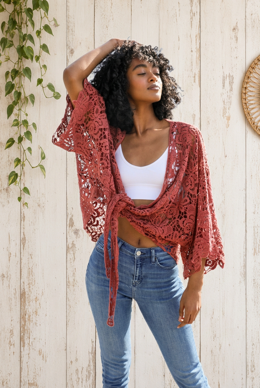 Leto Crochet Floral Kimono - Sheer Tie-Front Boho Layer – Owl Meets ...