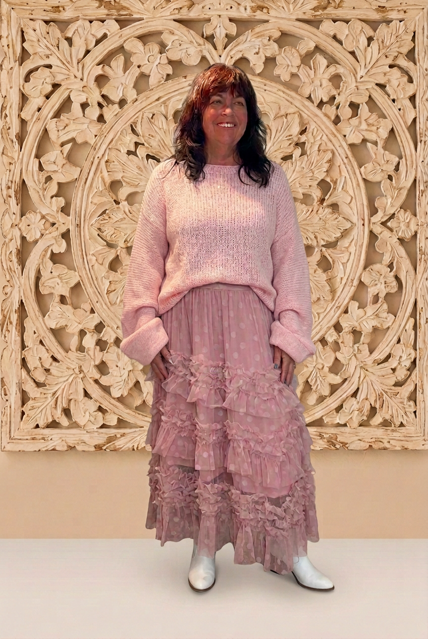 Pink outfit with sleeve details matched to the original sweater photos