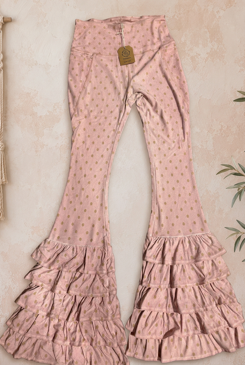 Pink ruffle pants flat-lay background edit