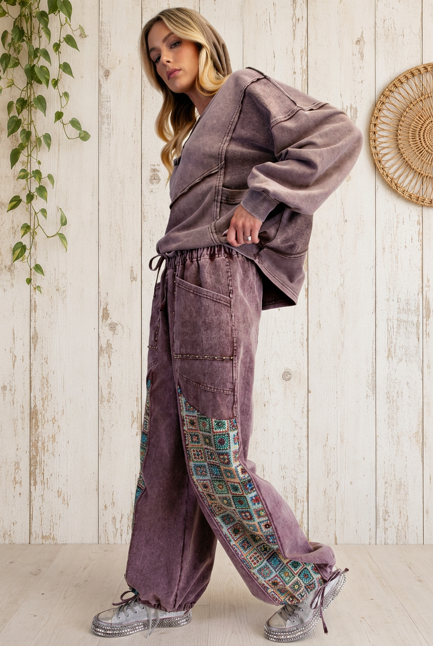 Plum patchwork outfit side view background edit