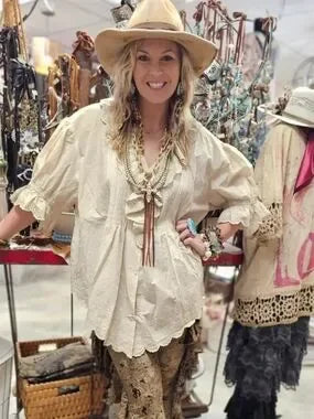 A Rare Bird Eyelet Linen Cream Top-Boho Boutique Clothing