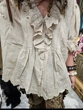 A Rare Bird Eyelet Linen Cream Top-Boho Boutique Clothing