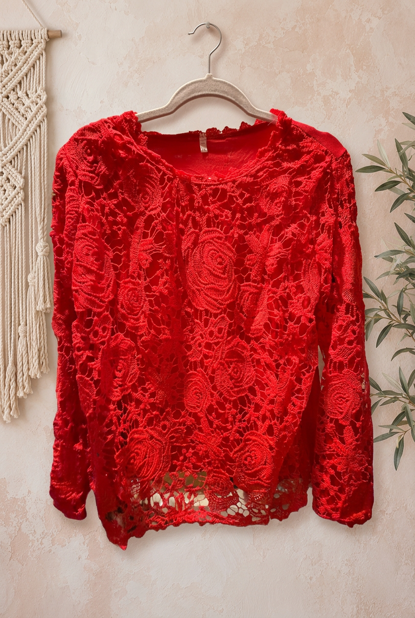 Scalloped Lace Long Sleeve Top - multiple colors