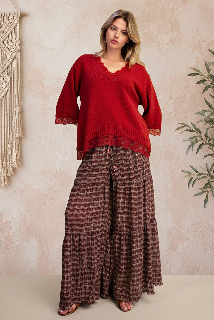 Red top full-length preview with beige backdrop