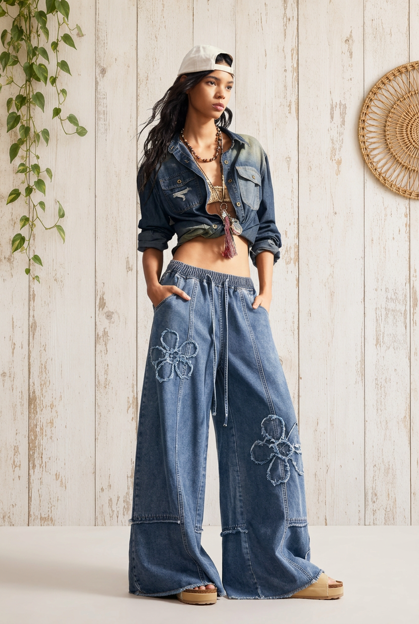 Embroidered Wide Leg Denim Pants – Floral Appliqué Boho Jeans | Boho Boutique Clothing