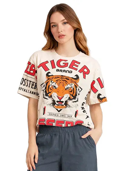 Kathmandu Imports Cotton Graphic Tee – White Tiger Brand Vintage‑Style Top | Boho Boutique Clothing